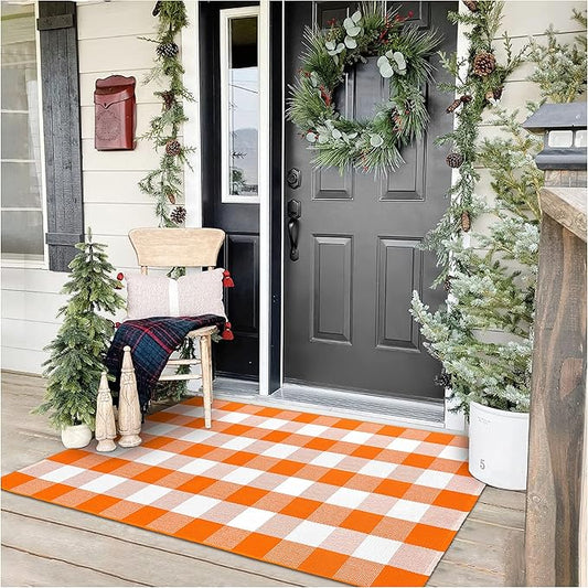 KOZYFLY Buffalo Plaid Rug 3x5 Ft Orange and White Checke Orange Rug Halloween Fall Door Mat Woven Cotton Washable Area Rugs Door Mat Outdoor Entrance for Front Porch Entryway Fall Farmhouse