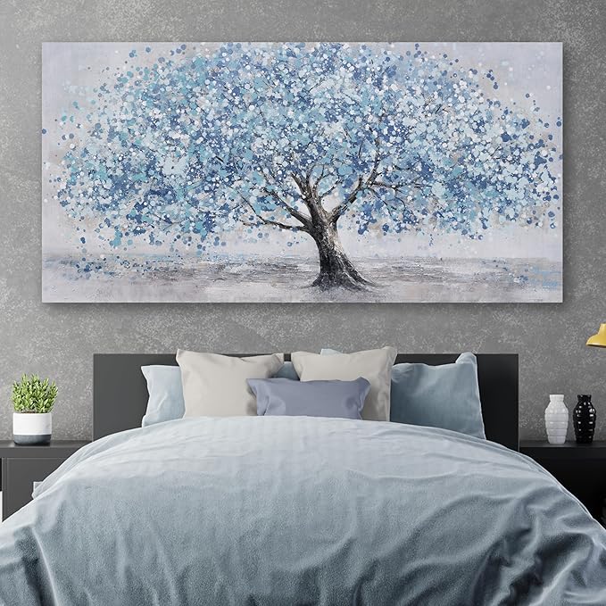 Tree of Life Wall Art Blue Tree Picture Wall Decor Artwork Framed Abstract Canvas Painting Nature Decor for Living Room Bedroom Bathroom Office Home Decor 58"x29"Can Be Hung Directly
