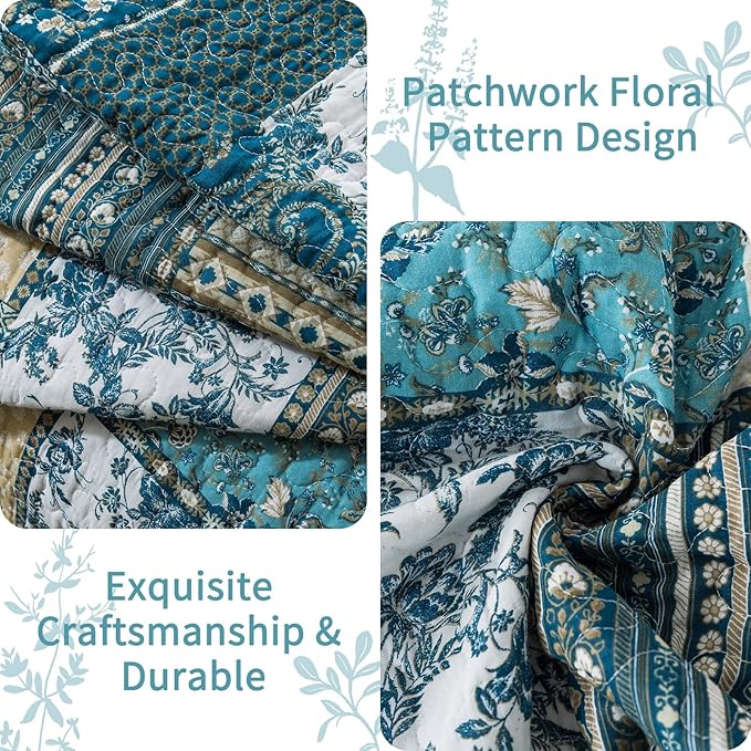 VAPUTAR Quilts Queen Size - 3 Piece Cotton Quilted Bedspread Coverlet, Soft Lightweight Quilted Bedding Set, Patchwork Boho Quilt with Pillowcovers Suitable for All Season and Room Decor (Dream Blue)