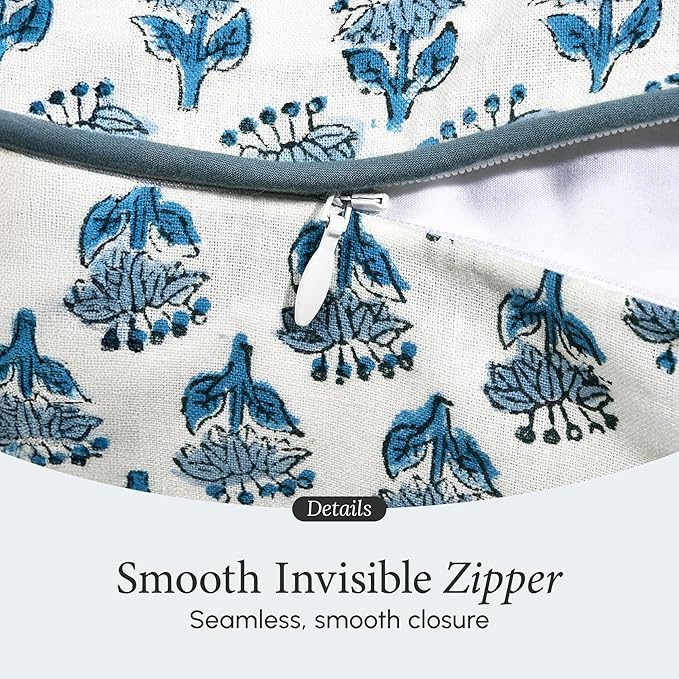 CPC 100% Cotton Throw Pillow Covers 20x20 Inch, Set of 2 Blue Block Print Pattern Couch Pillow, Cute Boho Decorative Pillows for Living Room, Bedroom with Hidden Zipper- Apatite Blue