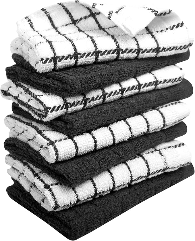 Bumble Dish Cloths (8 Pack) - 100% Cotton Dish Rags & Kitchen Washcloths for Washing Dishes | 12" x 12" | 405 GSM | Black
