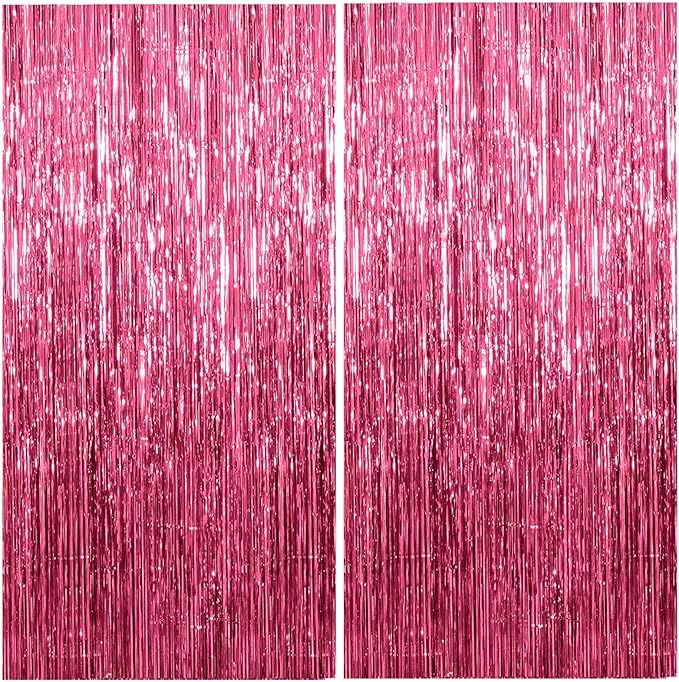 2 Pack Foil Curtain Backdrop Pink Metallic Tinsel Foil Fringe Curtains Photo Booth Props for Birthday Wedding Engagement Baby Shower Bachelorette Christmas Holiday Celebration Party Decorations
