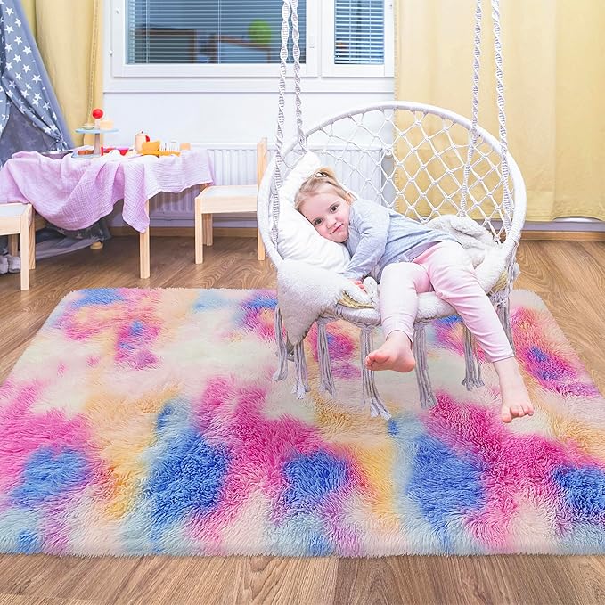 Small Fluffy Colorful Rug for Bedroom Girls 3x5 Kawaii Rainbow Tie Dye Area Rug Fuzzy Unicorn Throw Rug for Living Room Kids Nursery Baby Princess Room Living Room Home Decor Aesthetic Carpets