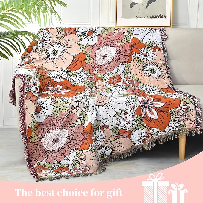 Boho Throw Blanket Reversible Cotton Bohemian Tapestry Hippie Room Decor Outdoor Blanket Double Sided (Boho Flower 50"x60")