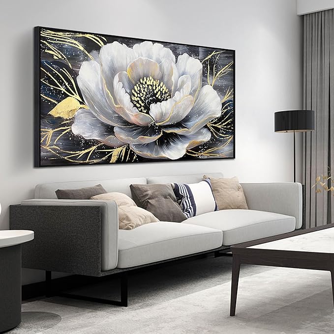 Gold and White Flower Canvas Wall Art for Living Room - Modern Hand Painted Flower Painting - Black Framed Wall Art for Bedroom Size 29" x 59"