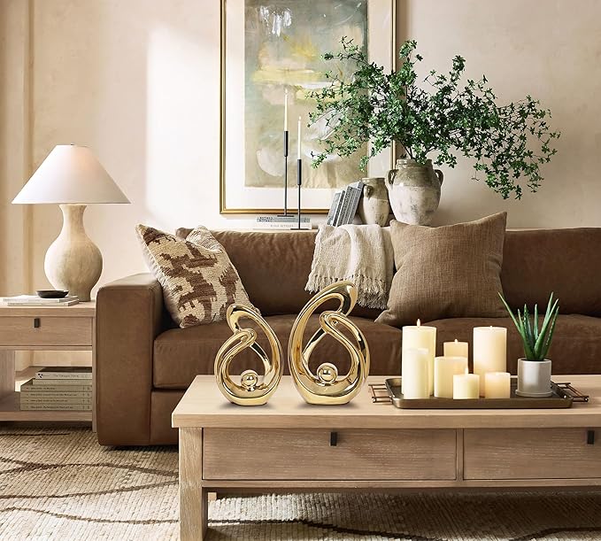 2 Pcs Gold Home Decor Accent Ceramic Statue Table Sculpture Decorations Abstract Art Mid Century Modern Centerpiece for Dining Room Living Room Bedroom Shelf Office Coffee Table Golden Decor