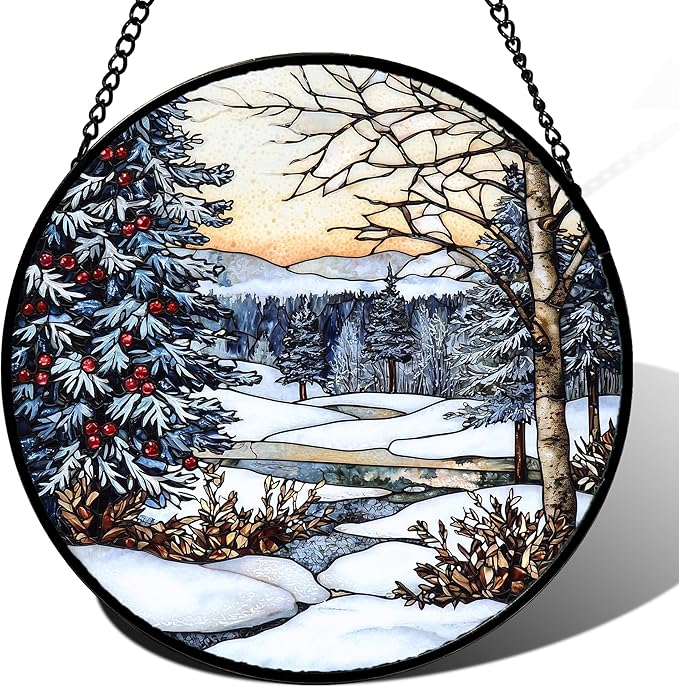 Stained Glass Window Hanging, Winter Snow Landscape Suncatcher Diamond Glass Panel Sun Catchers Decor for Birthday for Women, Men, Wife, Aunt, and Mom 14.9 in