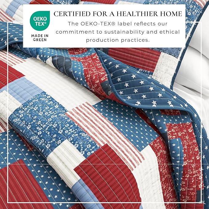Great Bay Home 3-Piece Full/Queen Microfiber Quilt Set with Shams - Americana Patchwork Reversible Design - Lightweight, All-Season, Layerable Bedding Set