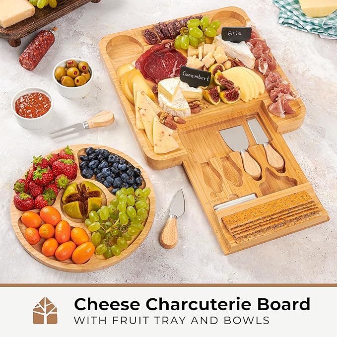 Charcuterie Boards, Bamboo Cheese Platter - Cheese Tray with Cheese Utensils, Fruit Tray, and 2 Bowls Included by Woodenhouse