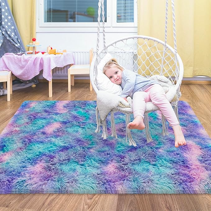 Small Area Rug for Bedroom 3x5ft Mini Tie-Dye Purple Rainbow Fluffy Rug Mat Bedside Throw Rug for Kids Room Boys Teens Nursery Baby Dorm Living Room Home Decor for Modern