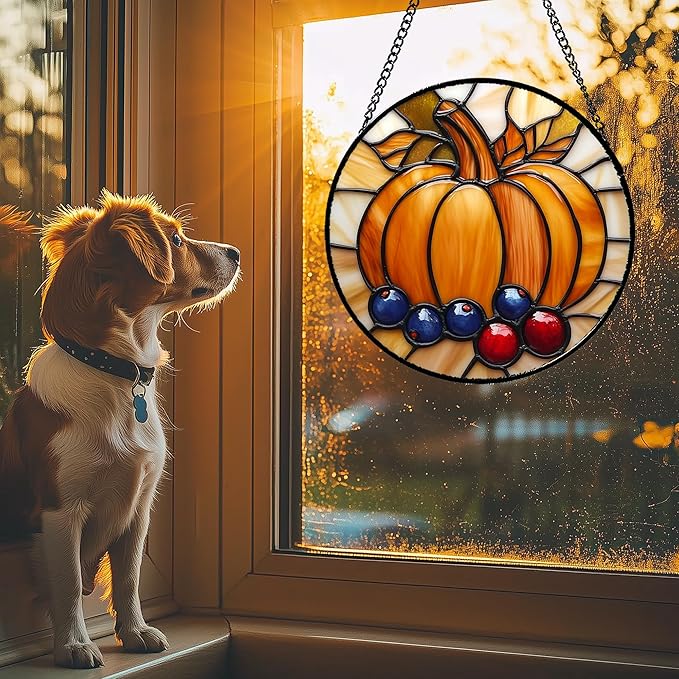 Stained Glass Window Hanging Fall Pumpkin Berries 7.8" - Suncatcher Door Garden Kitchen Sunroom Sun Catcher Autumn Home Decor Birthday for Mom Grandma Men Woman