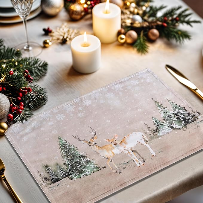 Maison d' Hermine Placemats Set of 4 100% Cotton Washable Cloth Place Mats, Reusable Table Mats for Kitchen Dining Decoration, Party, Wedding, Restaurant (Deer in The Woods, 13" x 19")