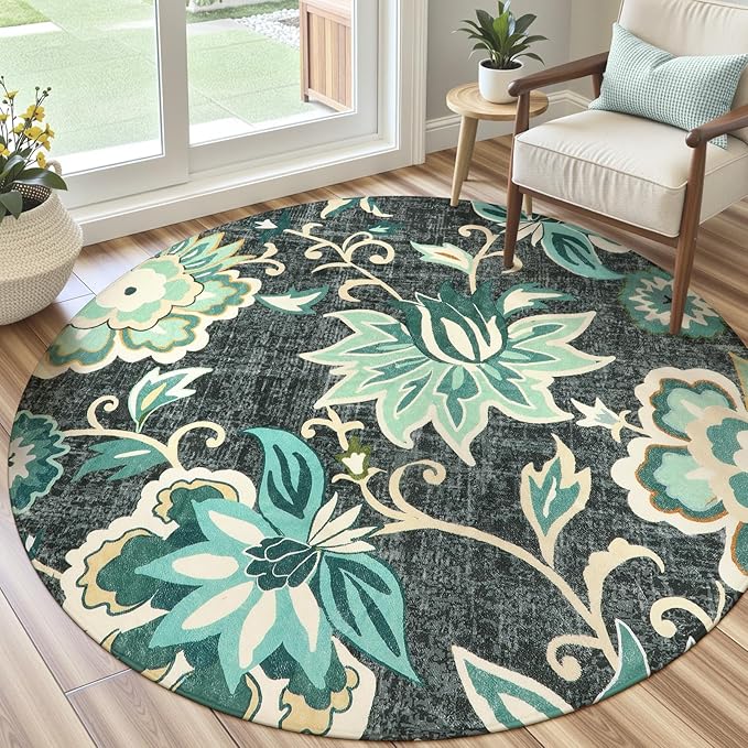 Lahome Floral 5ft Round Rug - Washable Large Boho Round Rug for Living Room Non-Slip Throw Circle Rug for Dining Room Table, Soft Blue Paisley Print Floor Carpet for Bedroom Office Kitchen Entryway