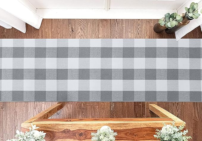 KOZYFLY Buffalo Plaid Rug 2x8 Ft Gray and White Runners for Hallways Washable Checkered Rug Cotton Kitchen Runner Carpet Runner Rugs for Entryway Bedroom Living Room