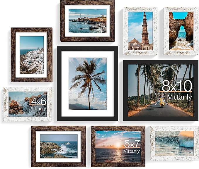 Vittanly 10 Pack Picture Frames Collage Wall Decor, Gallery Wall Frame Set for Wall or Tabletop Display, Multi Sizes with Two 8x10, Four 5x7, and Four 4x6 Photo Frames, Black&Brown&Distressed White