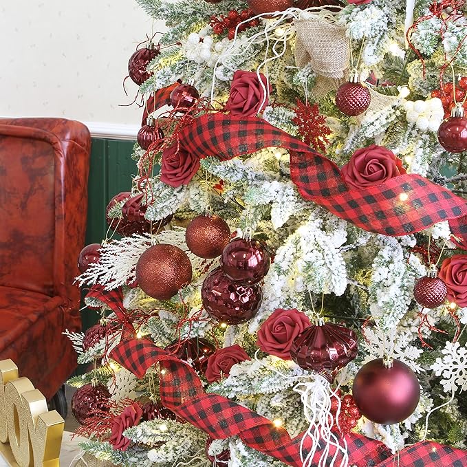 Sea Team 41-Pack Christmas Ball Ornaments with Strings, 60mm/2.36-Inch Small Size Baubles, Shatterproof Plastic Christmas Bulbs, Hanging Decorations for Xmas Tree, Holiday, Wedding, Party, Burgundy