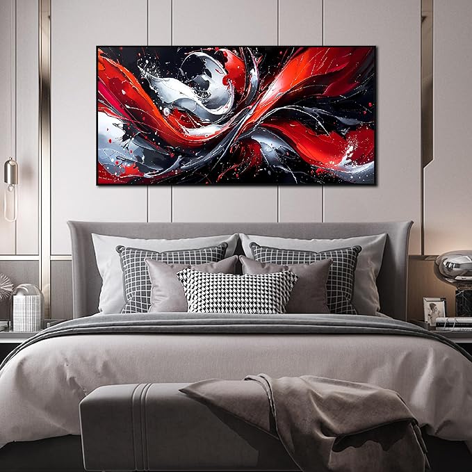 Ouzzlie Abstract Art Wall Decor Living Room Large Red Canvas Wall Art Black White Picture Artwork Modern 29" x 59"