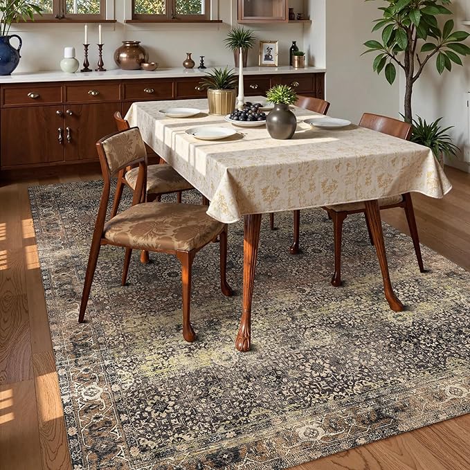 Washable Area Rug 4' x 6' Vintage Traditional Persian Mat - Foldable Distressed Non-Slip Machine Washable Carpet for Living Room Bedroom Kitchen Home Decor - Umber and Slate