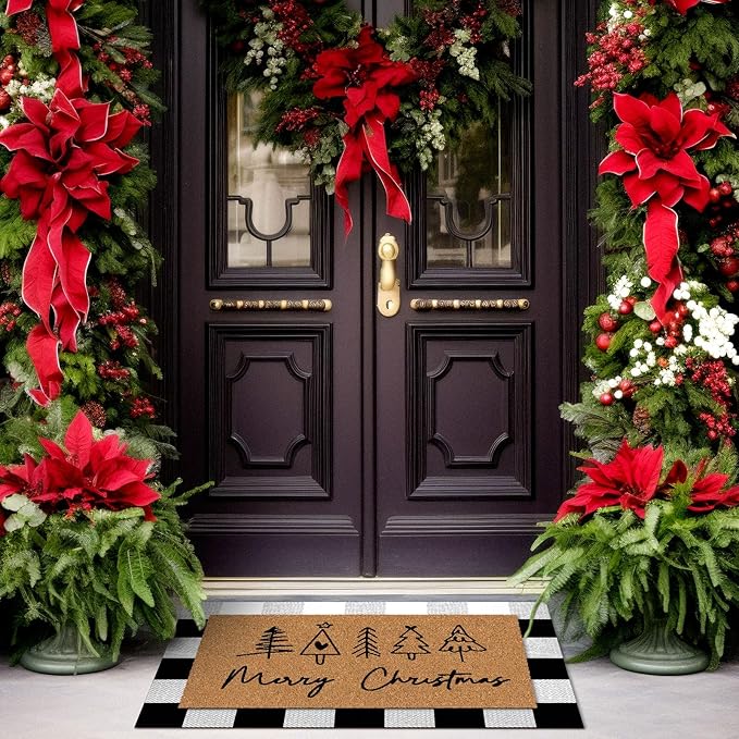 2 Pcs Merry Christmas Door Mat Xmas Tree Welcome Non Slip Coir Mats Heart Xmas Black White Buffalo Plaid Floor Layering Doormats Seasonal for Front Porch Entryway Decor(Christmas)