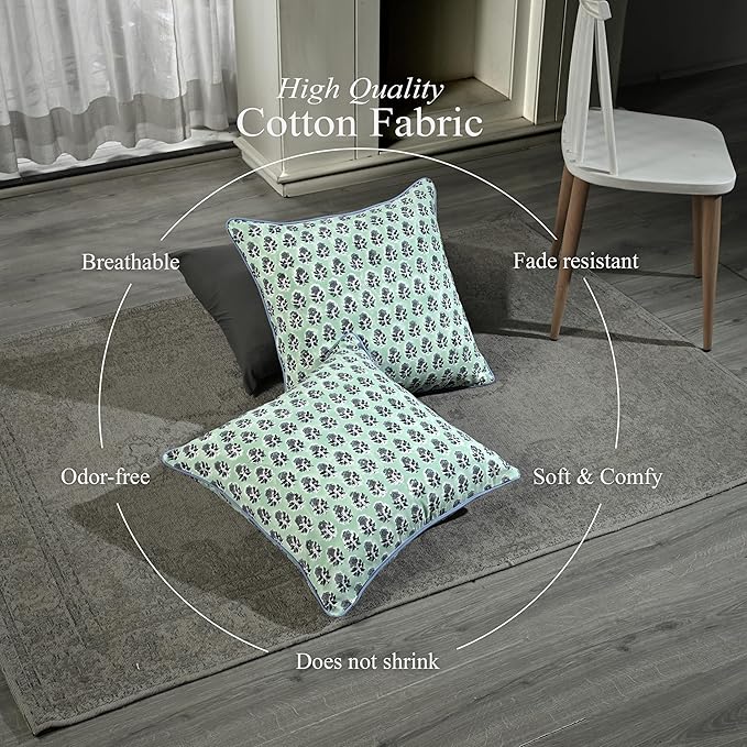 CPC 100% Cotton Throw Pillow Covers 20x20 Inch, Set of 2 Blue Block Print Pattern Couch Pillow, Cute Boho Decorative Pillows for Living Room, Bedroom with Hidden Zipper- Poppy Blue