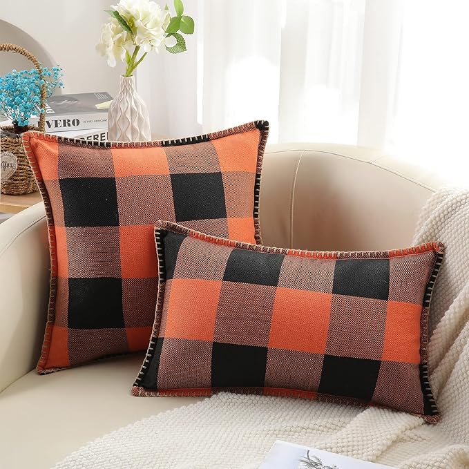 decorUhome Farmhouse Gingham Buffalo Plaid Check Throw Pillow Covers 16x16 Set of 2, Outdoor Fall Linen Decorative Pillow Covers with Stitched Edge for Bed Couch Sofa, Orange and Black