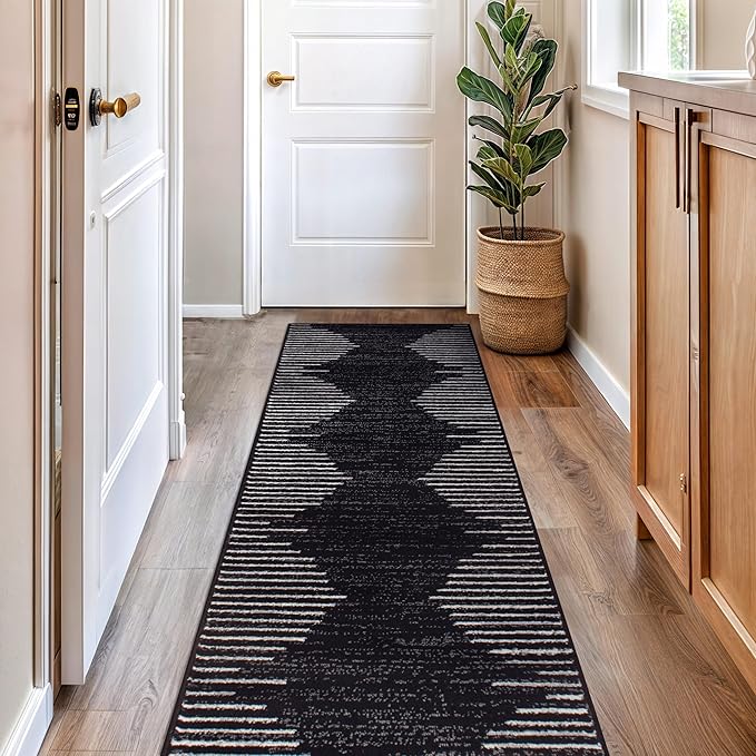 Rugshop Bohemian Stripe Stain Resistant High Traffic Living Room Kitchen Bedroom Dining Home Office Runner Rug 2'7" x 6' Black