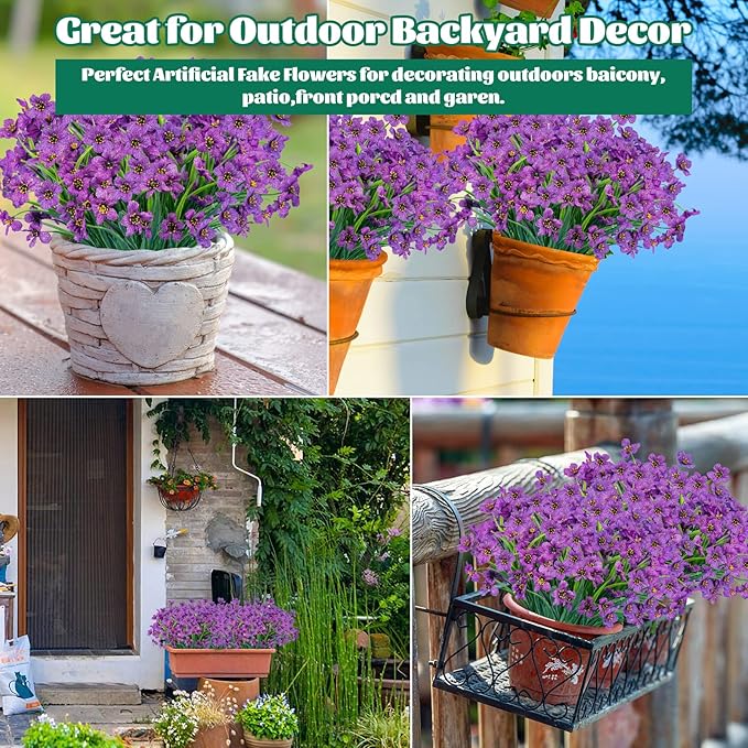 Lnoicy 12 Pcs Artificial Flowers for Outdoor,Plastic Flowers Decoration, UV Resistant Faux Flowers Shrubs, Artificial Plants for Indoor Outside Garden Home Wedding Farmhouse（Purple）