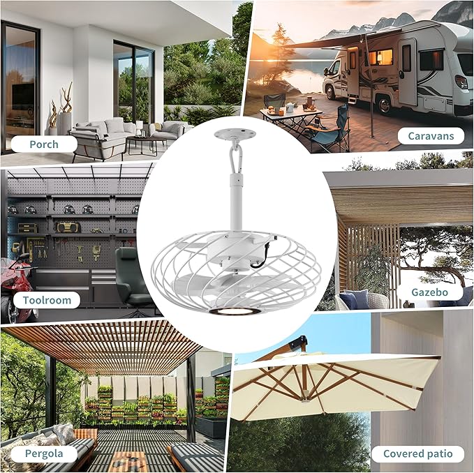 15" Outdoor Ceiling Fan with Light, Waterproof Gazebo Fan Remote Control, Dimmable LED Light, Hanging White Caged Ceiling Fixtures with Plug in Cord for Pergola