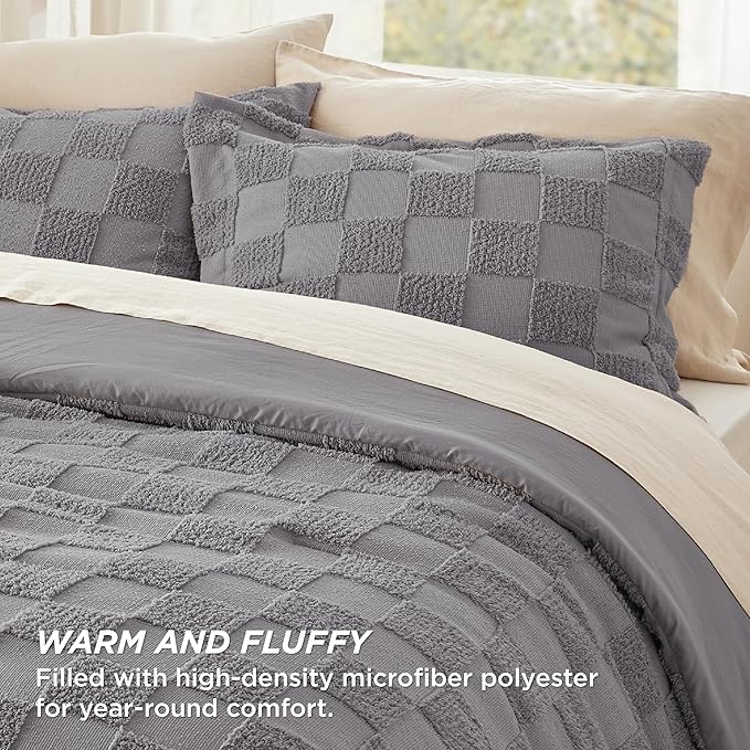 Bedsure Queen Size Comforter Set Grey, Boho Tufted Bed Set, Checkered Farmhouse Shabby Chic Bedding, 3 Pieces, 1 Plaid Geometric Comforter and 2 Pillow Shams