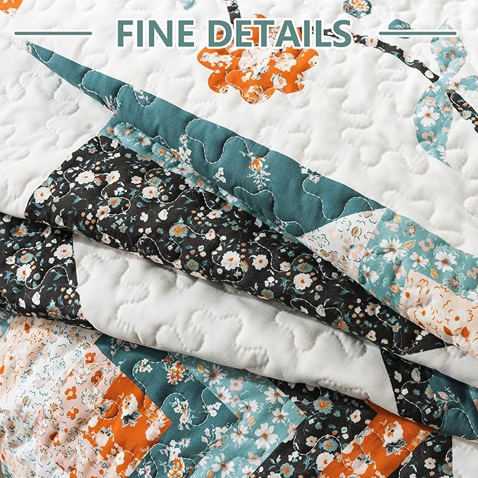 VAPUTAR Queen Size Bedding Set - 3 Pieces, Boho Quilt, Lightweight Reversible Coverlet Bedspread for Farmhouse Bedroom (Floral)