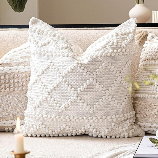 Pure White Decorative Throw Pillow Cover 22X22, Boho Accent Pillow for Couch, Square Modern Farmhouse Pillowcase for Living Room Couch Sofa Cushion Home Décor (Pack of 1)