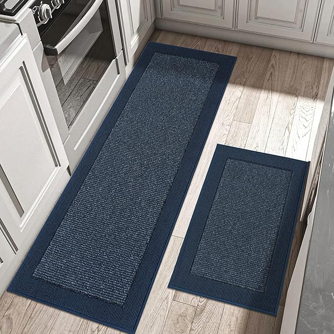 BEQHAUSE Kitchen Rugs and Mats Set of 2 Non-Slip Kitchen Mats for Floor, Absorbent and Stain Resistant Kitchen Runner, Machine Washable Rugs for Kitchen, Laundry & Sink, 20"x32"+20"x48", Blue