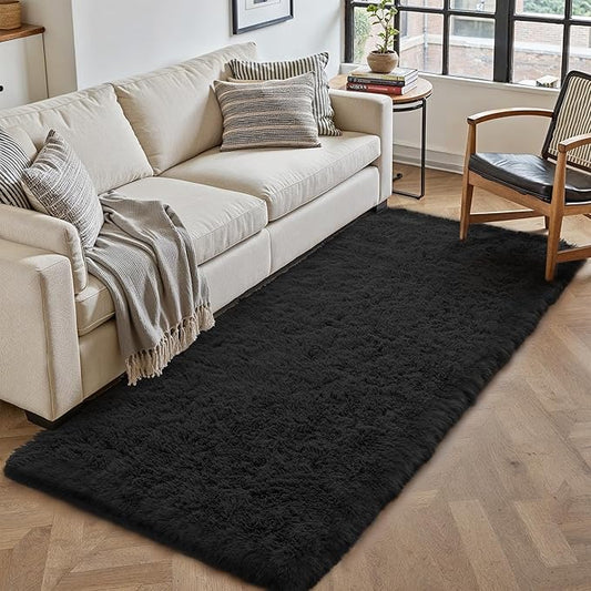 2x6 Area Rug for Bedroom, Modern Black Super Shag Shaggy Soft Runner Carpet Washable Fluffy Rugs for Living Room Bedside Sofa Home Dorm Decor Aesthetic