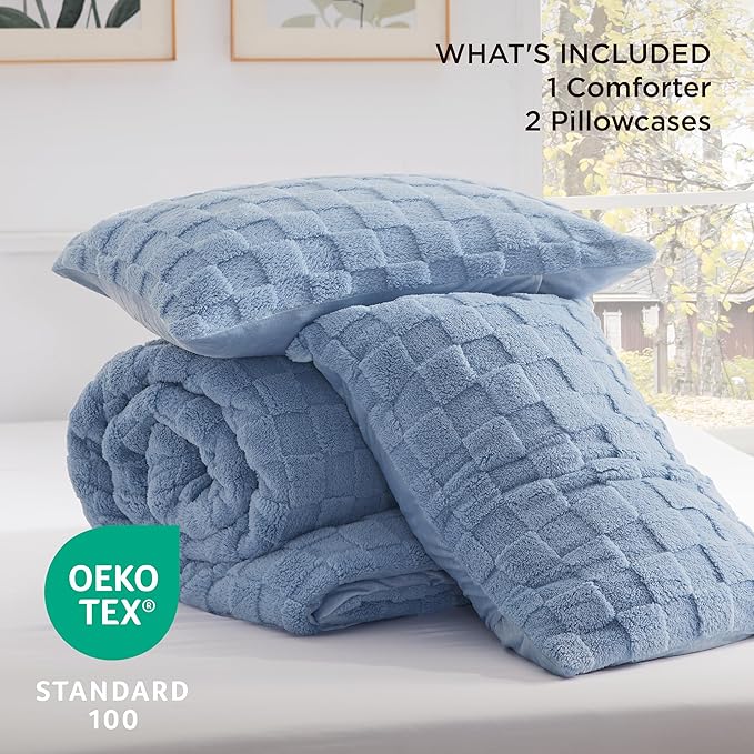 Bedsure Queen Fluffy Comforter Set, Ashley Blue Plush Fleece Bed Set, Checkered Farmhouse Boho Soft Warm Bedding for Winter, 3 Pieces, 1 Comforter (90"x90") and 2 Pillowcases (20"x26")