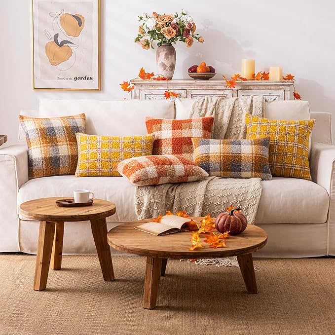 Yellow Plaid Fall Throw Pillow Covers 12x20 Inch Set of 2, Boucle Decorative Pillows Covers,Cozy Fluffy Home Living Room Farmhouse Decor for Sofa Couch Bed