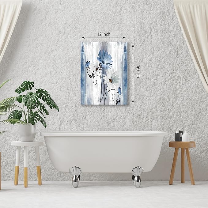 Blue Flowers Canvas Wall Art Bathroom Wall Decor, Blue and White Daisy Flower and Butterfly Canvas Wall Art Framed Artwork Ready to Hang for Living Room Bedroom Decor, 12x16in