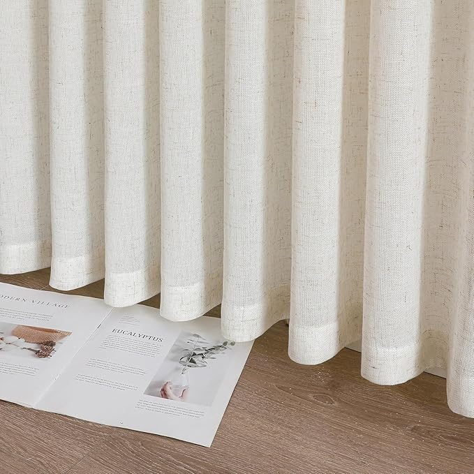 Neutral Pinch Pleated Linen Semi Sheer Curtains 90 Inches Long, 50 Inches Width, Cream Beige Light Filtering Drapes for Living Room Bedroom, Modern Farmhouse Window Curtain Panels