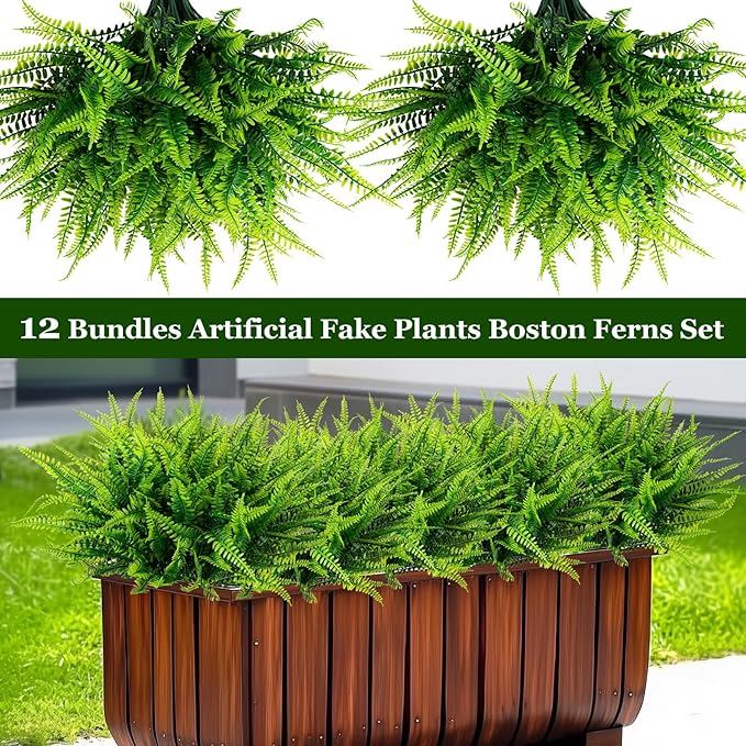 12 Bundles Artificial Fake Plants for Outdoor Faux Boston Fern for Home Decor UV Resistant Fake Plants Greenery for Front Porch Planter Indoor or Outdoor (Green)