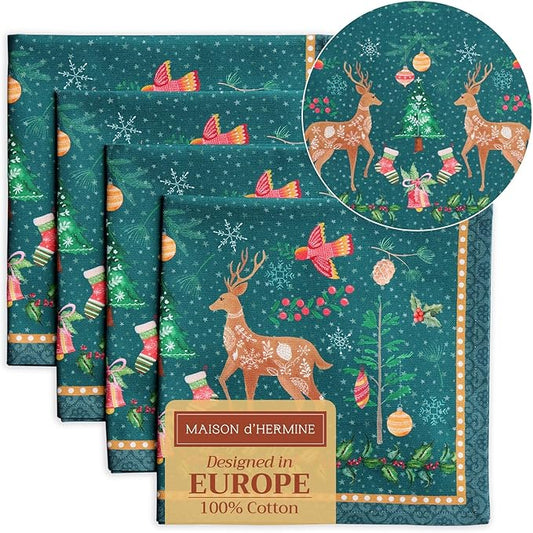 Maison d' Hermine Cloth Napkins Set of 4 100% Cotton Everyday Reusable Square Napkins Cloth Washable, Dinner, Party, Wedding, Restaurant (Hygge Christmas, 20" x 20")