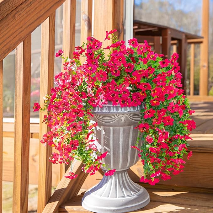 Artificial Flowers for Outdoors Fake Hanging Decoration, 2Pcs Hotpink Spring Decor, Realistic Plants, UV & Fading Resistant Silk Flower for Porch Patio Balcony Planter Yard