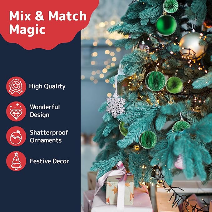 Prextex 36pc Shatterproof Green Christmas Balls Ornament Set - Festive Christmas Tree Ornaments in 3 Different Sizes and 6 Styles - Holiday Decoration with Hanging Loops for Tree, Wreath, Party Decor