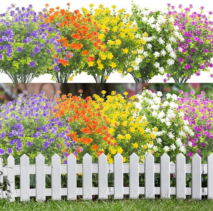 20 Bundles Outdoor Artificial Fake Flowers UV Resistant Boxwood Faux Plastic Plants for Hanging Garden Porch Window Box Outside Decoration(Mix)