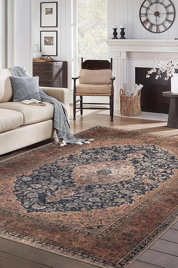 Keen Home Design 8x10 Rug - Machine Washable Area Rug with Non-Slip Backing, Ideal for Living Room, Dining Room, Bedroom - Vintage, Easy Clean, Durable, Low Pile Rug - (8' x 10')