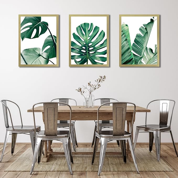 COSCTOR Set of 3 Botanical Wall Art Bathroom Wall Decor Green Plant Picture Monstera Frame Tropical Posters Prints for Home Living Room Bedroom Restroom Decoration(Framed,12x16)