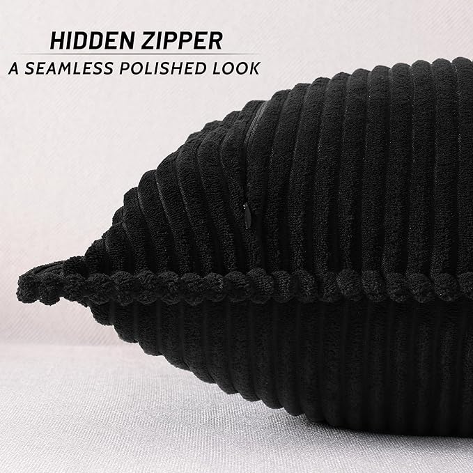 Mecatny Corduroy Throw Pillow Covers 24x24 Set of 2, Neutral Decorative Soft Boho Couch Pillow Covers with Broadside for Sofa Living Room, Black