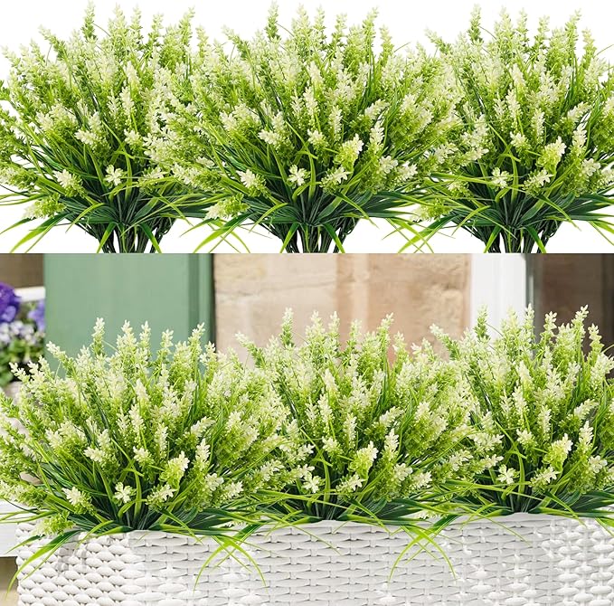 Artificial Plants for Outdoors, 10 Bundles Fake Monkey Grass with White Spring Flowers, Faux Plants Outdoor UV Resistant Realistic Greenery for Garden Window Patio Hanging Porch Home Decoration