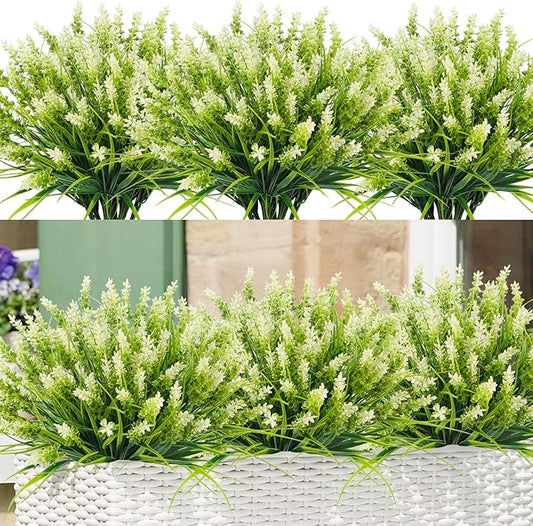 Artificial Plants for Outdoors, 10 Bundles Fake Monkey Grass with White Spring Flowers, Faux Plants Outdoor UV Resistant Realistic Greenery for Garden Window Patio Hanging Porch Home Decoration
