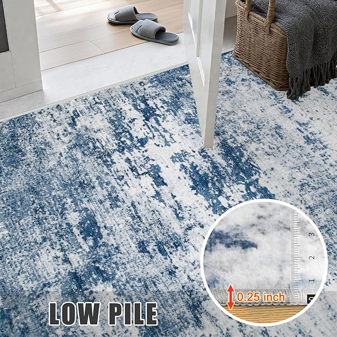 8x10 Area Rug Living Room Rug: Washable Modern Abstract Soft Thin Rug Indoor Floor No Slip Stain Resistant Carpet for Bedroom Dining Room Farmhouse Nursery Home Office - Blue