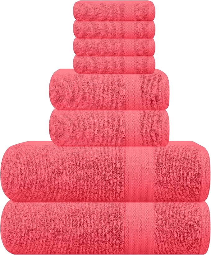 GLAMBURG Ultra Soft 8-Piece Towel Set - 100% Pure Ringspun Cotton, Contains 2 Oversized Bath Towels 27x54, 2 Hand Towels 16x28, 4 Wash Cloths 13x13 - Ideal for Everyday use, Hotel & Spa - Coral Orange