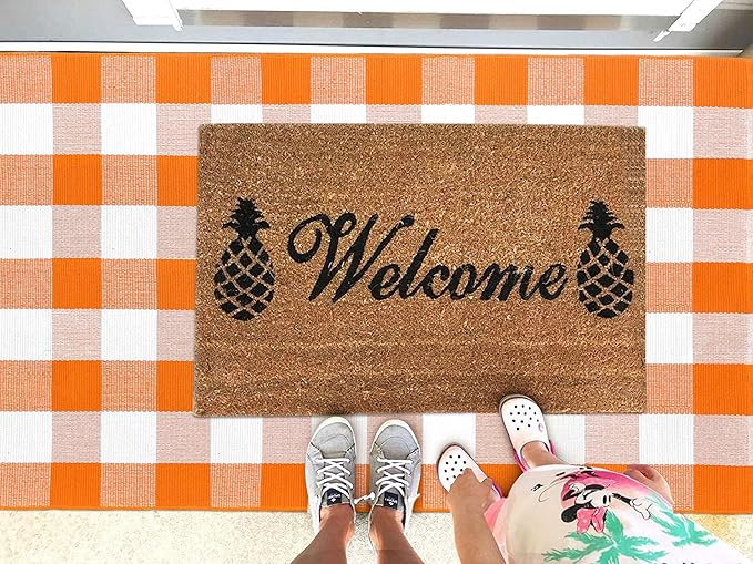 KOZYFLY Buffalo Plaid Rug 3x5 Ft Orange and White Checke Orange Rug Halloween Fall Door Mat Woven Cotton Washable Area Rugs Door Mat Outdoor Entrance for Front Porch Entryway Fall Farmhouse